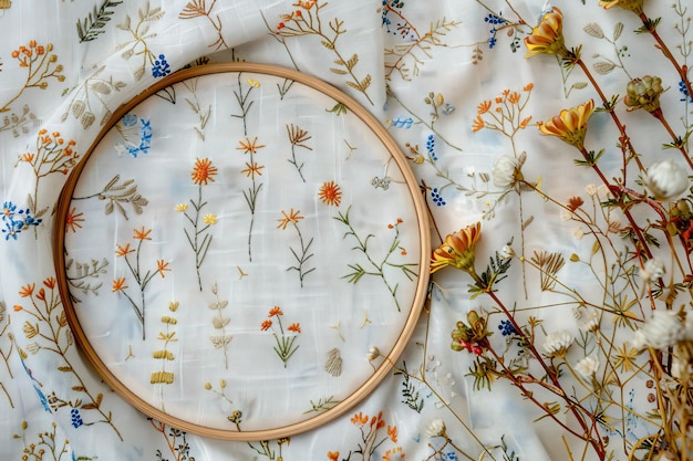 Hoop with floral embroidery on linen